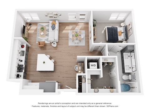 Floor plan for 1 bed, 1 bath, 879 sqft